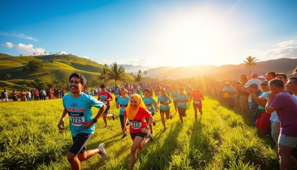 A vibrant and energetic scene of a fun run event in Indonesia. In the foreground, a group of enthusiastic runners dashing through a lush, verdant landscape, their expressions filled with joy and determination. In the middle ground, a crowd of spectators cheers them on, their faces animated with excitement. The background is a picturesque setting, with rolling hills, palm trees, and a clear, blue sky overhead, illuminated by warm, golden sunlight that casts a joyful glow over the entire scene. The overall atmosphere is one of celebration, community, and an unforgettable shared experience.