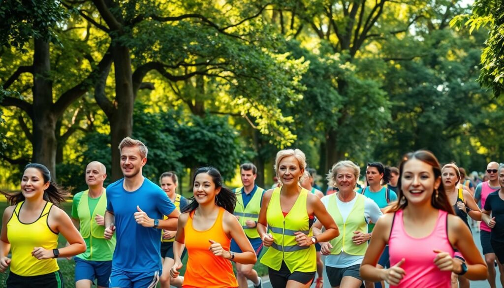 A vibrant fun run scene in a lush, verdant park setting. In the foreground, a group of enthusiastic runners in bright, colorful sportswear move gracefully through the course, their expressions determined yet joyful. The mid-ground features a team of attentive safety marshals in neon vests, guiding the participants and ensuring their well-being. In the background, a backdrop of towering trees casts a warm, dappled light over the entire scene, creating a sense of energy and vitality. The overall mood is one of camaraderie, safety, and the pure exhilaration of the shared running experience.