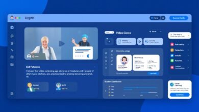Platform e-learning inovatif dengan antarmuka modern menampilkan berbagai fitur pembelajaran digital