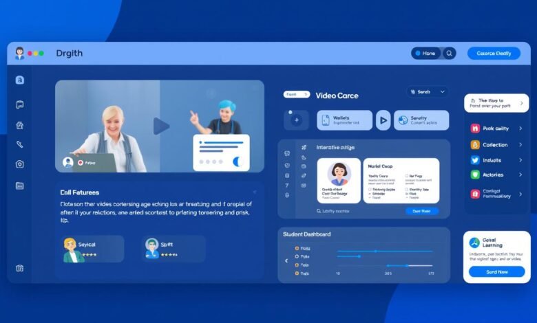 Platform e-learning inovatif dengan antarmuka modern menampilkan berbagai fitur pembelajaran digital